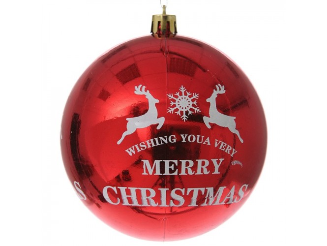 Κόκκινη Γυαλιστερή Χριστουγεννιάτικη Μπάλα με Ελάφια και ευχή 10 εκ.