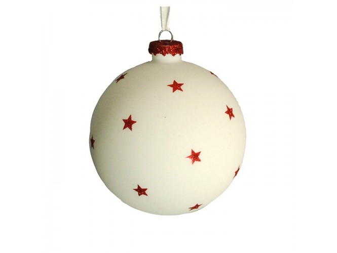 Άσπρη Γυάλινη Χριστουγεννιάτικη Μπάλα με Αστέρια 8 εκ.