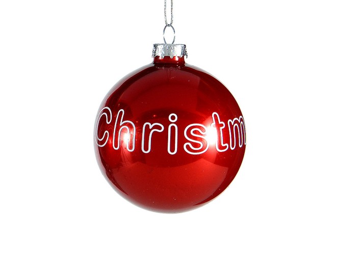 Κόκκινη Χριστουγεννιάτικη γυάλινη μπάλα με άσπρο Merry Christmas 8 εκ.