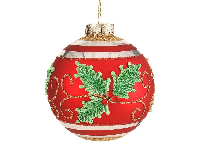 Χριστουγεννιάτικη γυάλινη κόκκινη μπάλα με ανάγλυφο σχέδιο 10 εκ.