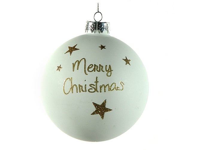 Χριστουγεννιάτικη άσπρη μπάλα με χρυσά αστέρια και ευχή  10 εκ.