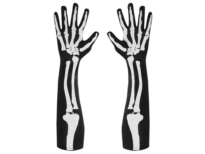 Αποκριάτικα μακριά μαύρα γάντια με σχέδιο οστών 50εκ.