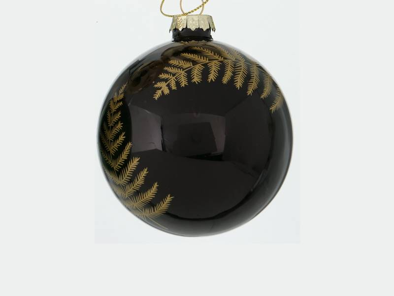 Χριστουγεννιάτικη Γυάλινη Μαύρη Μπάλα Fern με Χρυσό Κλαδί 8 εκ.