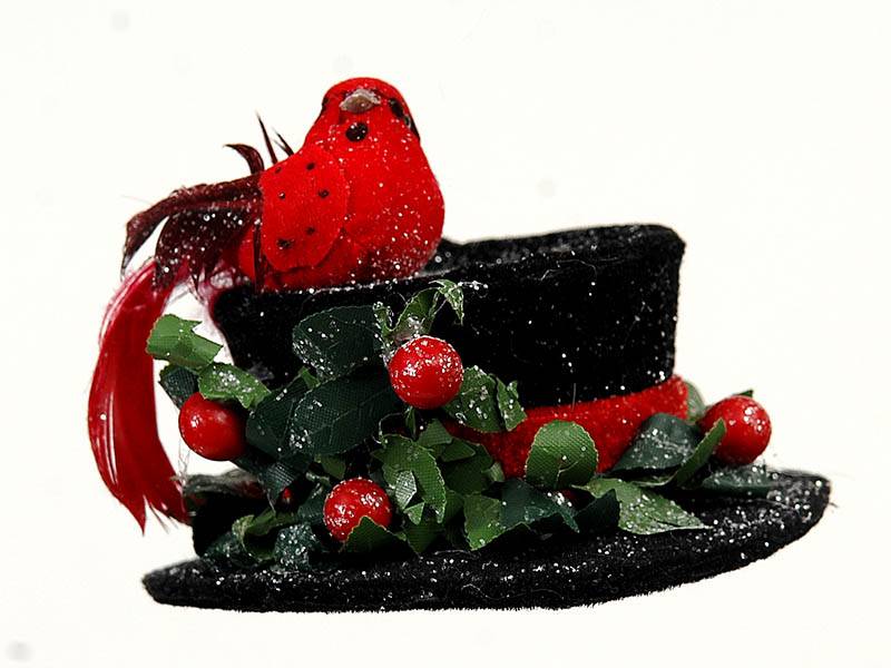 Χριστουγεννιάτικο Διακοσμητικό Μαύρο Καπέλο με Κόκκινο Πουλάκι 17 εκ.