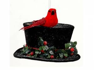 Χριστουγεννιάτικο Διακοσμητικό Μαύρο Καπέλο με Κόκκινο Πουλάκι 14 εκ.