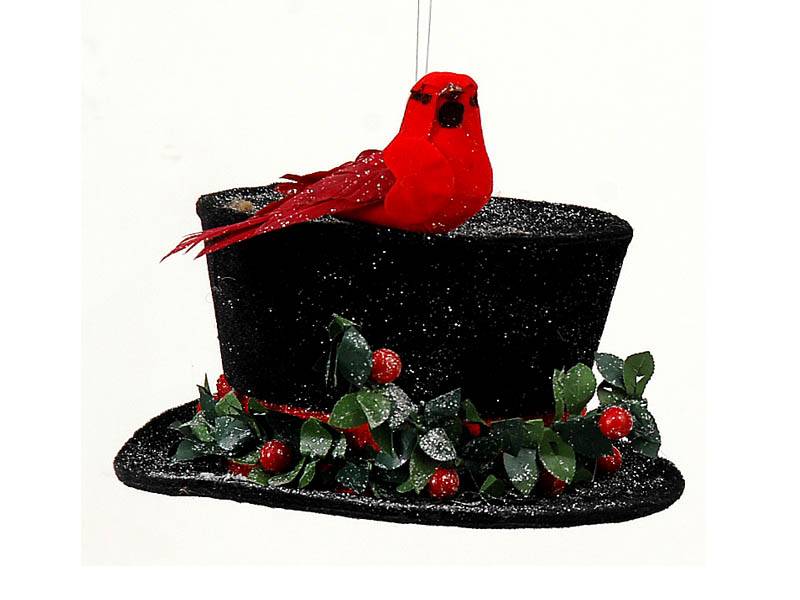 Χριστουγεννιάτικο Διακοσμητικό Μαύρο Καπέλο με Κόκκινο Πουλάκι 14 εκ.