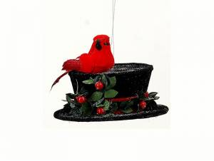 Χριστουγεννιάτικο Διακοσμητικό Μαύρο Καπέλο με Κόκκινο Πουλάκι 10 εκ.