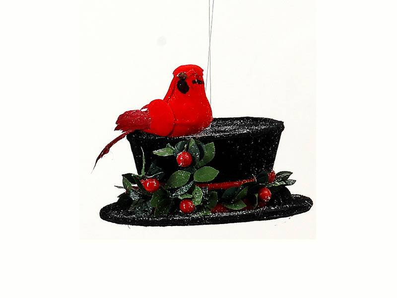 Χριστουγεννιάτικο Διακοσμητικό Μαύρο Καπέλο με Κόκκινο Πουλάκι 10 εκ.
