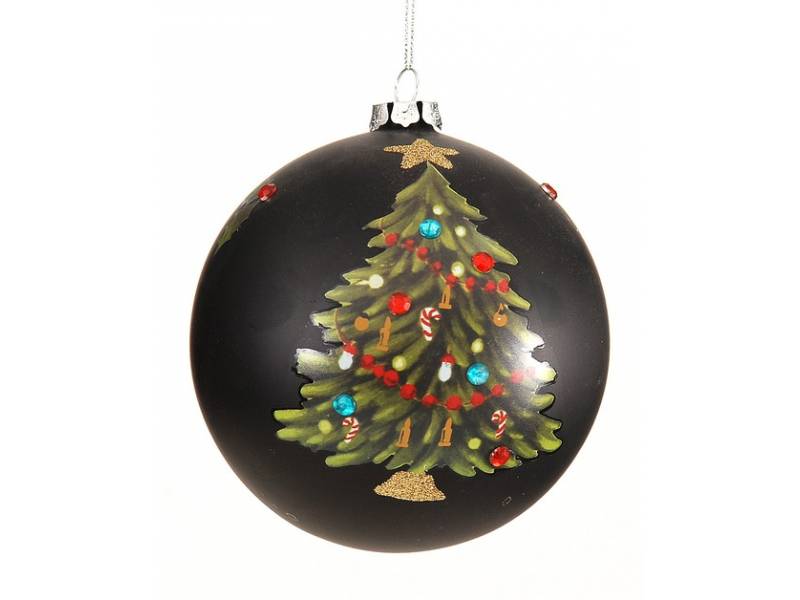 Χριστουγεννιάτικη μπάλα γυάλινη μαύρη με σχέδιο δεντράκι
